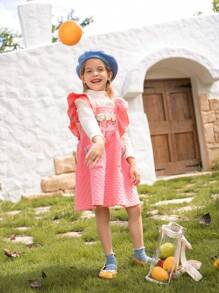 SHEIN 2 piezas/set Niñas pequeñas Traje de festival de invierno con top de cuello alto blanco acanalado con mangas con volantes y falda deslizante con decoración de flores bordadas rosas
