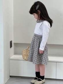 DAZY 2 件套年轻女孩格子拼布长袖上衣和 A 字裙套装，春秋季