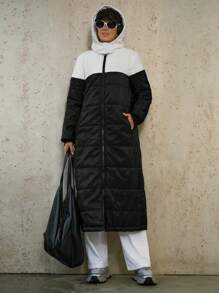 SHEIN Unity 简约拼色长袖连帽休闲日常保暖外套，冬季服装 - 彩色 - 查看 5