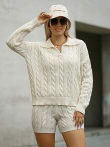 SHEIN Unity SHEIN Tropiluxe 粗针织落肩毛衣套头衫和抽腰针织短裤 2 件套