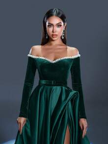 Faeriesty 露肩撞色天鹅绒缎面正式舞会礼服 - 墨綠色 - 查看 9