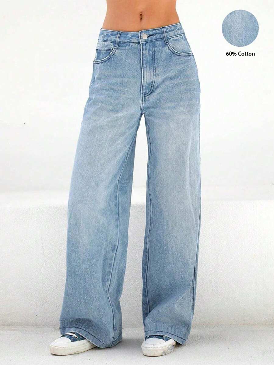 Women's Loose Straight-Leg Denim Jeans With Pockets, Casual - 淺色水洗藍 - 查看 1