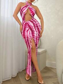 SHEIN SXY Đầm nữ gợi cảm cổ yếm thắt eo in họa tiết kẻ sọc nhuộm loang - Hồng - Xem 3