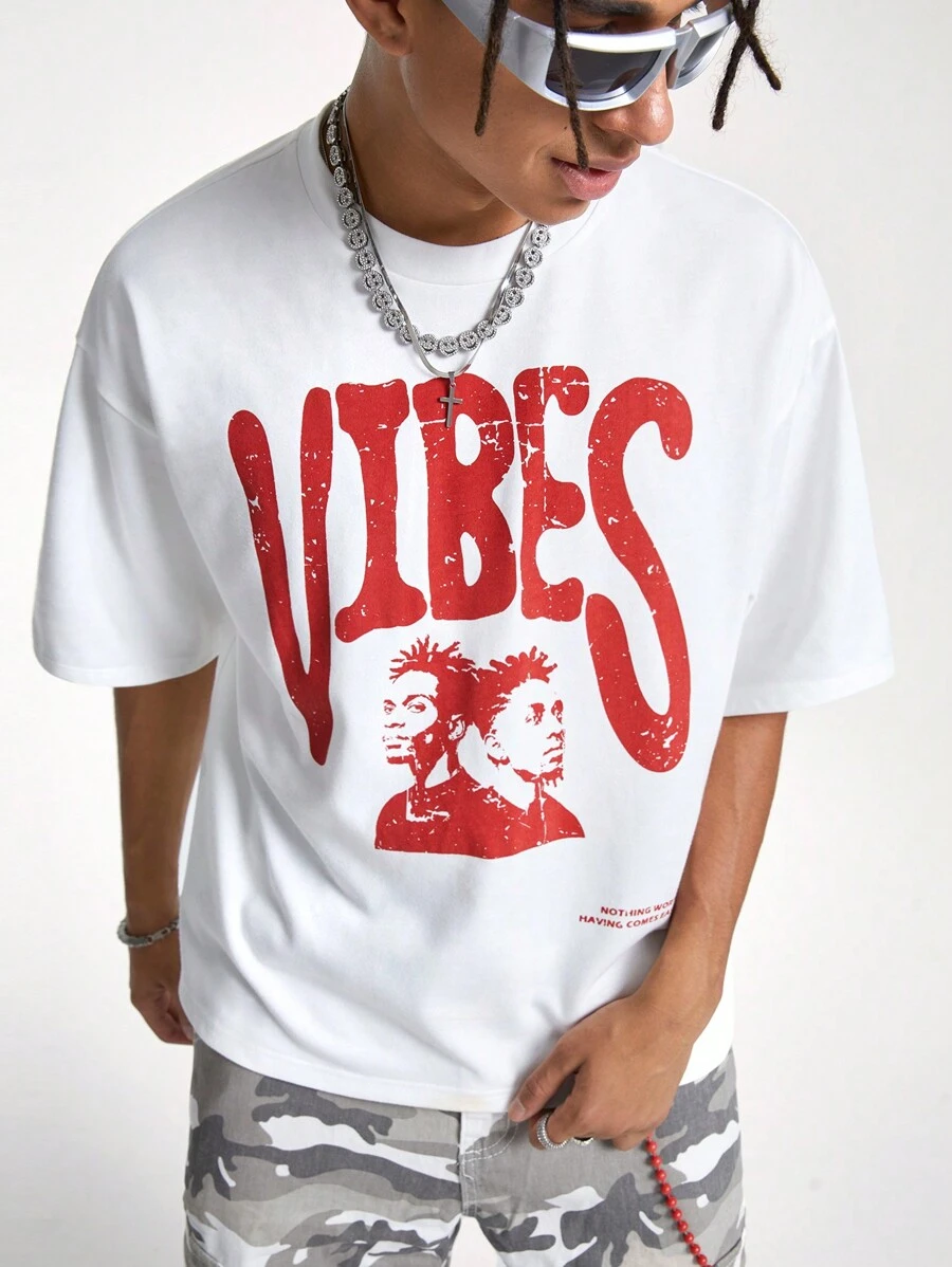 Manfinity VCAY Men's Loose Fit Round Neck Short Sleeve English Pattern T-Shirt, Suitable For Summer - White - View 1