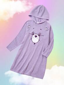 SHEIN X Care Bears Robe à capuche jolie avec impression d'ours de dessin animé et appliqué pour fille préadolescente, couleur violette - Parme - Voir 1