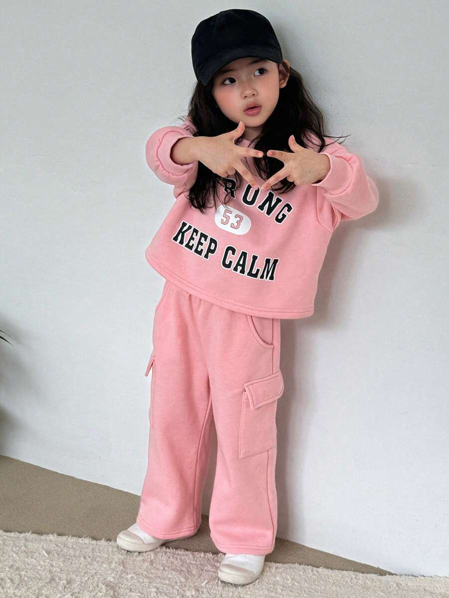 DAZY 2pcs Young Girl Round Neck Letter Knitted Set, Autumn - Pink - View 1