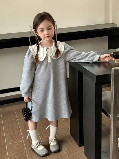 SHEIN 年轻女孩和年轻女孩灰色荷叶边领休闲连衣裙，秋冬，可爱，时尚，百搭，舒适，适合日常外出，可搭配各种外套、夹克和棉服