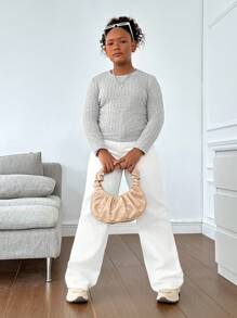 SHEIN Tween Girls Extended Size Casual Minimal Comfortable Crew Neck Side Ruched Long Sleeve T-Shirt Set