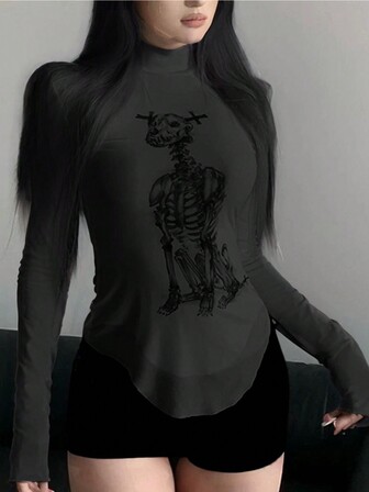 休闲骷髅印花立领修身T恤，秋冬