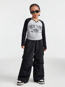 SHEIN Leap Crew Tween Girls Fall/Winter Basic Black Sportswear Wide Leg Pants For Back To School - Black - View 3