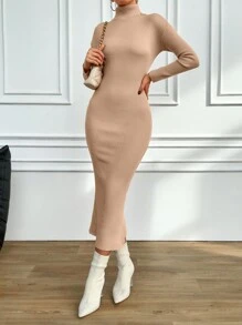 EURMUSE 女士修身高領毛衣連衣裙 - 杏色 - 查看 4