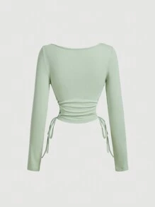 SHEIN MOD 女式复古绿色蕾丝蝴蝶结长袖二合一修身T恤，办公室工作服 - 綠色 - 查看 2