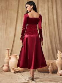 SHEIN Belle Burgundy Red Ladies' Rhinestone Collar Long Sleeve Hollow Simple Casual Cocktail Dress, Wedding Event Dress, Semi Formal Prom Dress, For Birthday, Wedding Guest, Graduation Homecoming - Burgundy - View 2