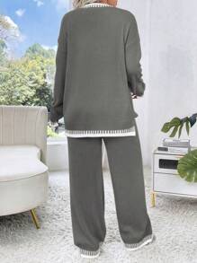 Calvaya Bộ quần áo len dài tay cổ tròn màu trơn cỡ lớn và quần dài, cho mùa đông - Xám - Xem 2