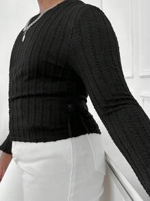 SHEIN Tween Girls Extended Size Casual Minimal Comfortable Crew Neck Side Ruched Long Sleeve T-Shirt Set