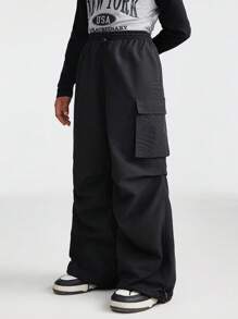 SHEIN Leap Crew Tween Girls Fall/Winter Basic Black Sportswear Wide Leg Pants For Back To School - Black - View 5