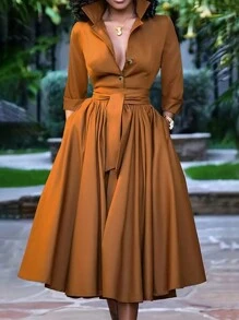 Vestido largo elegante de manga larga con botones frontales y plisado en talla grande de unicolor - Marrón Mocha - Ver 1