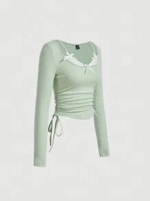 SHEIN MOD 女式复古绿色蕾丝蝴蝶结长袖二合一修身T恤，办公室工作服 - 綠色 - 查看 3