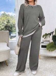 Calvaya Bộ quần áo len dài tay cổ tròn màu trơn cỡ lớn và quần dài, cho mùa đông - Xám - Xem 1