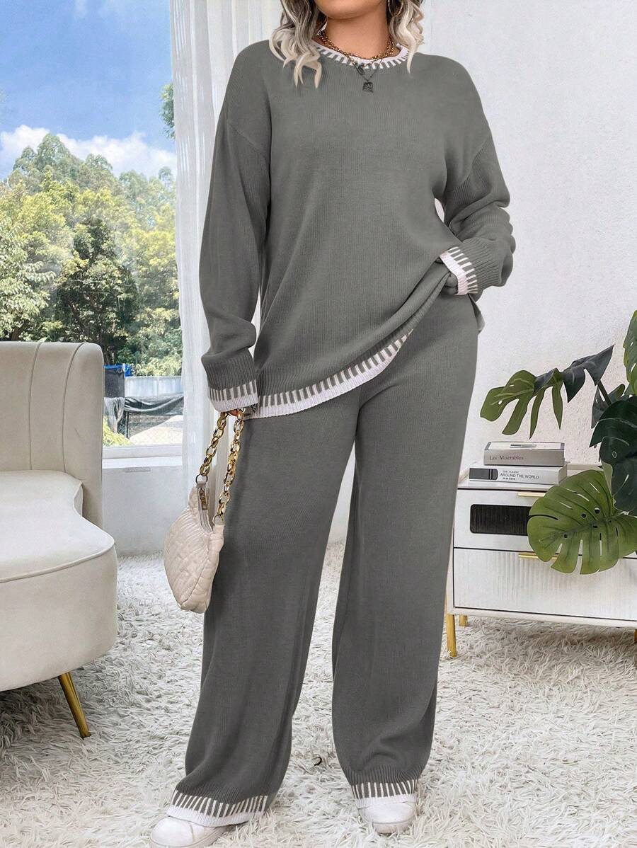 Calvaya Bộ quần áo len dài tay cổ tròn màu trơn cỡ lớn và quần dài, cho mùa đông - Xám - Xem 1
