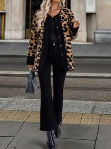 SHEIN LUNE Solid Color Splicing Front Button Long Sleeve Leopard Print Splicing Fluffy Jacket Fall Cloth For Women - Multicolor - View 3