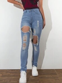 Streetwear Sexy Hole Distressed Ripped Skinny Jeans For Women - Medium Wash - View 1