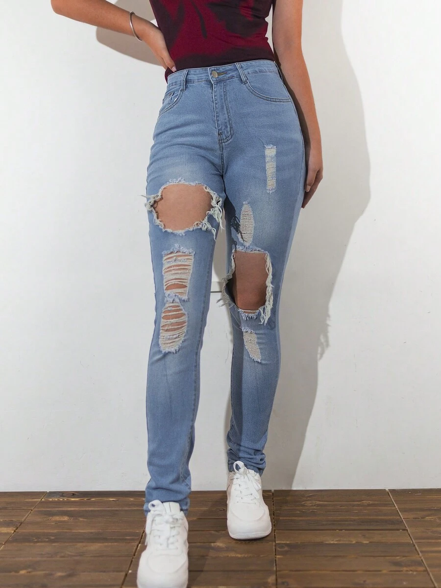 Streetwear Sexy Hole Distressed Ripped Skinny Jeans For Women - Medium Wash - View 1