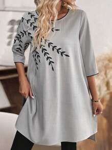 SHEIN LUNE Kvinnors broderi kontrast trim rund hals Casual blus - Ljusgrå - Visa 3