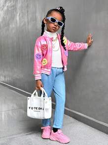 SHEIN Explorewe Bộ trang phục 2 món cho bé gái - Áo khoác bóng chày màu hồng bằng vải nỉ thêu hình mặt cười 3D và quần denim. Bộ trang phục thời trang và hợp thời trang cho bé gái vào mùa thu/đông - Hồng - Xem 6