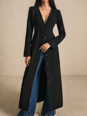 Poéselle Svart enkelknäppt långärmad lång kappa för kvinnor för höst/vinter