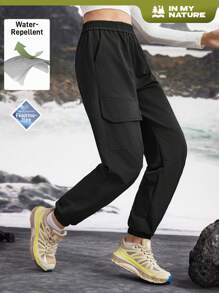 In My Nature Women's Solid Color Elastic Waist Cargo Hiking Pants - Black - View 1