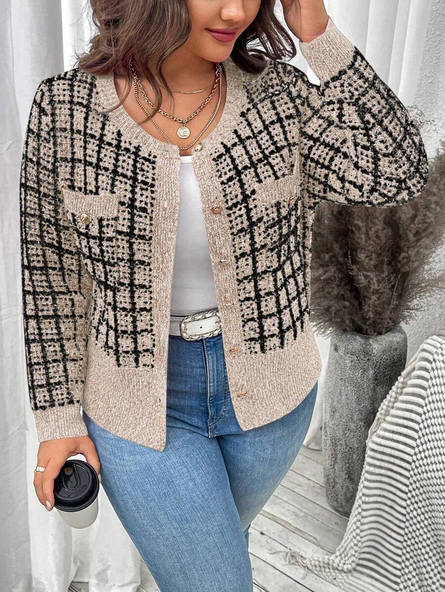 SHEIN Privé Plus Size Casual Plaid Cardigan, Spring Autumn SHEIN USA