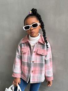 SHEIN Jong meisje geruit patchwork koord casual jasje met decoratieve knopen, herfst/winter