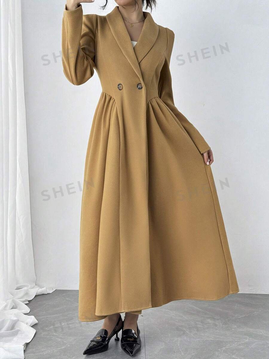 Chiquease Abrigo largo de lana de doble botonadura con pliegues y manga larga, unicolor, térmico, para mujer