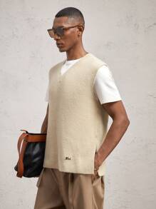 AKNOTIC Business Casual Men's Fitted V-Neck Sleeveless Knit Vest, For Fall Winter - Apricot - View 8