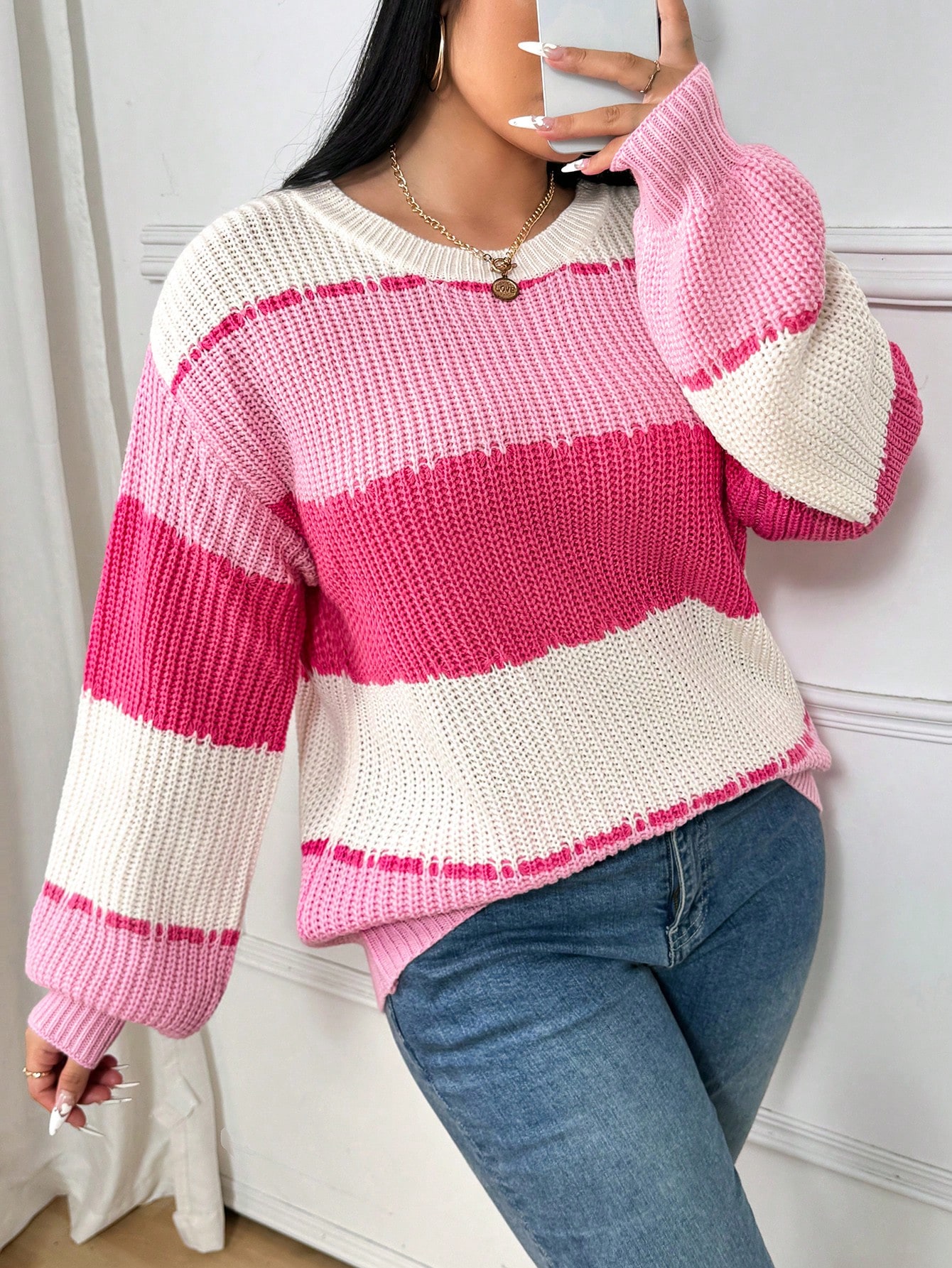 SHEIN Essnce Plus Size Color Block Patchwork Knit Sweater, Spring & Autumn