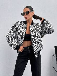 EURMUSE Front Zipper Long Sleeve Leopard Print Casual Jacket - Multicolor - View 1