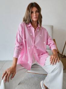 EURMUSE 100% Cotton HEART PATTERN LONG SLEEVE SHIRT