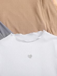 SHEIN Girlism Tween 女童休闲简约舒适波浪领心形图案缀饰 T 恤套装 - 彩色 - 查看 5