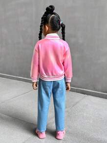 SHEIN Explorewe Bộ trang phục 2 món cho bé gái - Áo khoác bóng chày màu hồng bằng vải nỉ thêu hình mặt cười 3D và quần denim. Bộ trang phục thời trang và hợp thời trang cho bé gái vào mùa thu/đông - Hồng - Xem 2