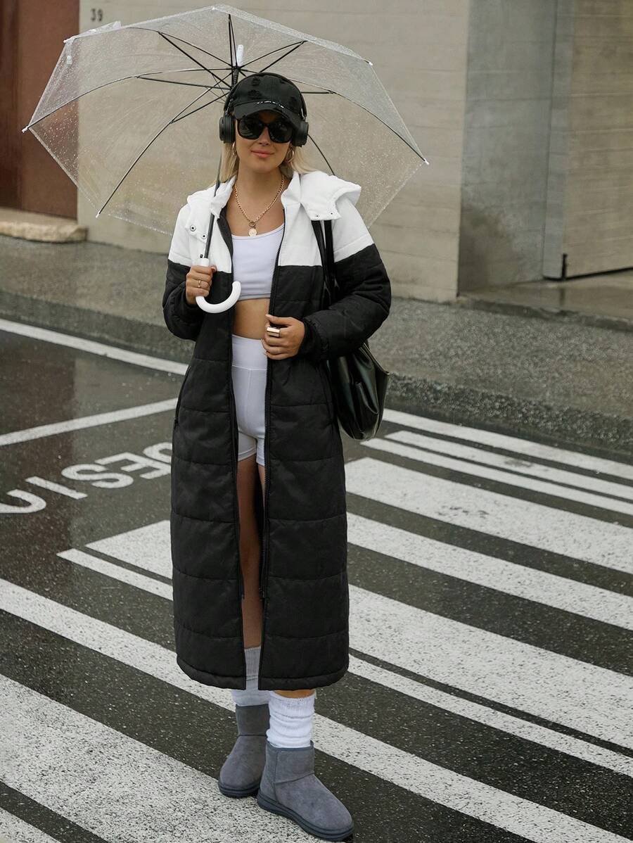 SHEIN Unity 简约拼色长袖连帽休闲日常保暖外套，冬季服装 - 彩色 - 查看 1