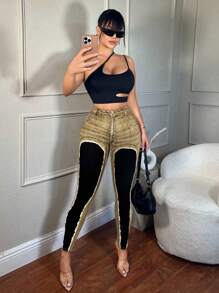 SHEIN SXY Digital Print High Elasticity Skinny Leggings - Brown - View 1