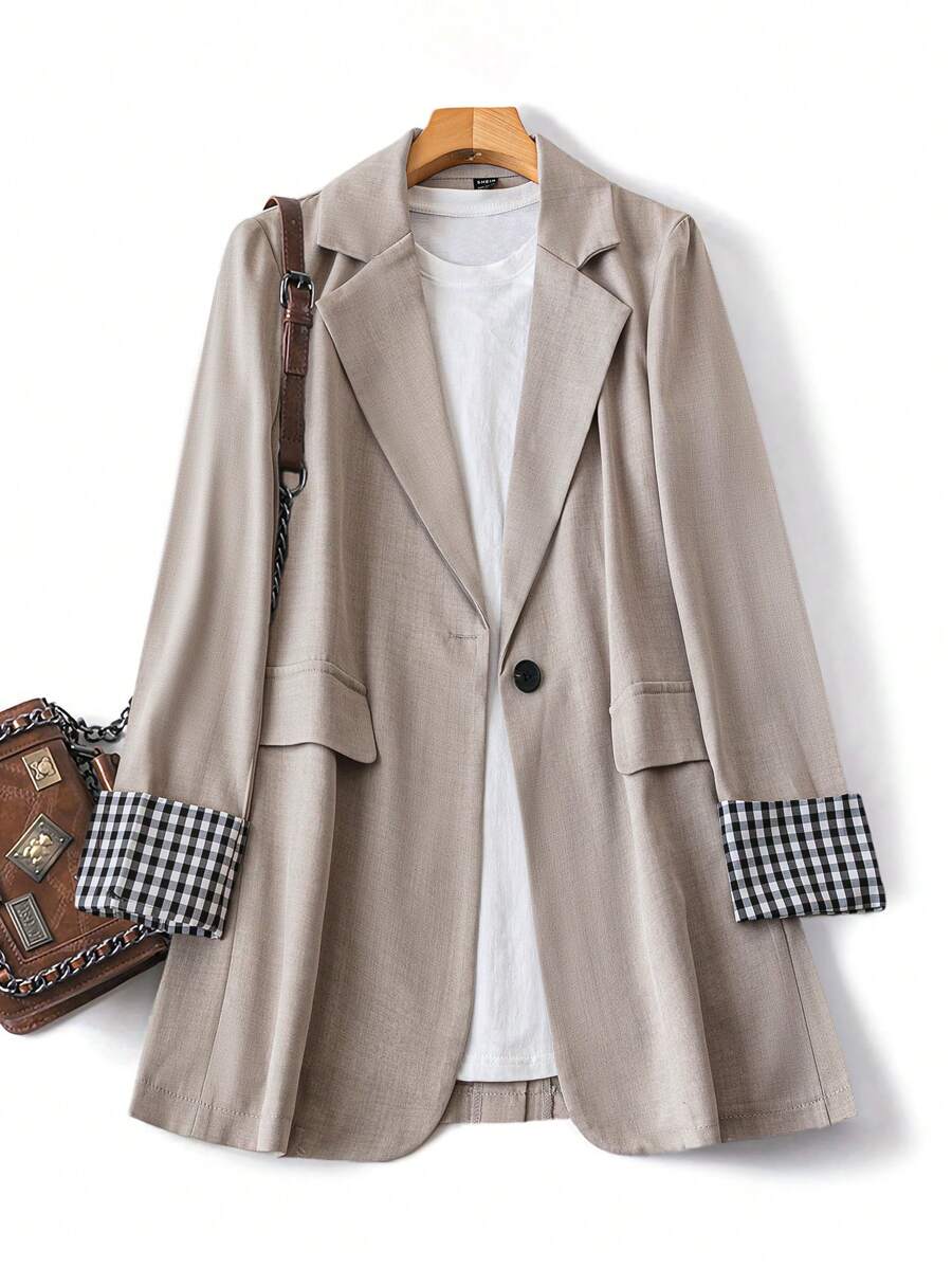 SHEIN LUNE Blazer léger à col montant, manches longues, avec rayures et patchwork pour femme