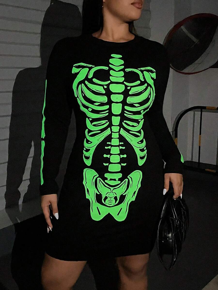 SHEIN Essnce 大码女装秋季新款时尚休闲万圣节衣服纯色夜光发光骷髅装饰长袖包臀紧身连衣裙万圣节连衣裙骷髅万圣节连衣裙黑色连衣裙性感万圣节性感万圣节服装万圣节服装万圣节女装 - 黑色 - 查看 1