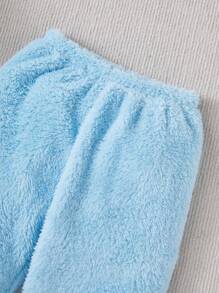 2pcs Young Boy Blue & White Patchwork Warm Cozy Casual Cute Plush Pants & Long Sleeve Top Homewear Pajama Set - Multicolor - View 3