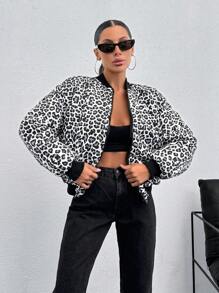 EURMUSE Front Zipper Long Sleeve Leopard Print Casual Jacket - Multicolor - View 5