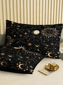 Black Gold Sun And Moon Bedding Set Boho Duvet Cover Set Gold Moon And The Stars Printed 3 Pieces Room Decorations Bohemian Comforter Cover Soft Microfiber Duvet Cover For Boys Girls 2 Pillowcases No Comforter Gifts
