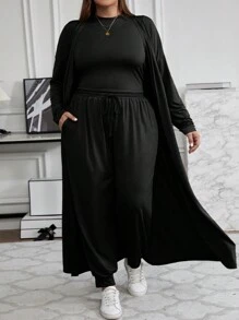 SHEIN CURVE+ 3 件大码休闲休闲长款夹克、裤子和打底上衣套装