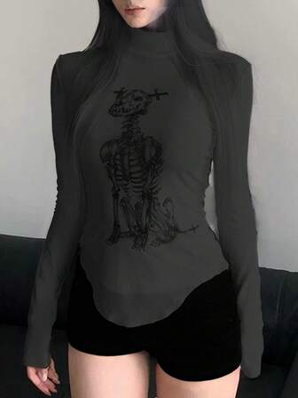 Casual Skull Print Stand Collar Slim Fit T-Shirt, Autumn/Winter