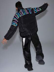 Manfinity VCAY Men's Loose Collar Long Sleeve Padded Coat With Printed English Text, Suitable For Autumn/Winter - Black - View 2